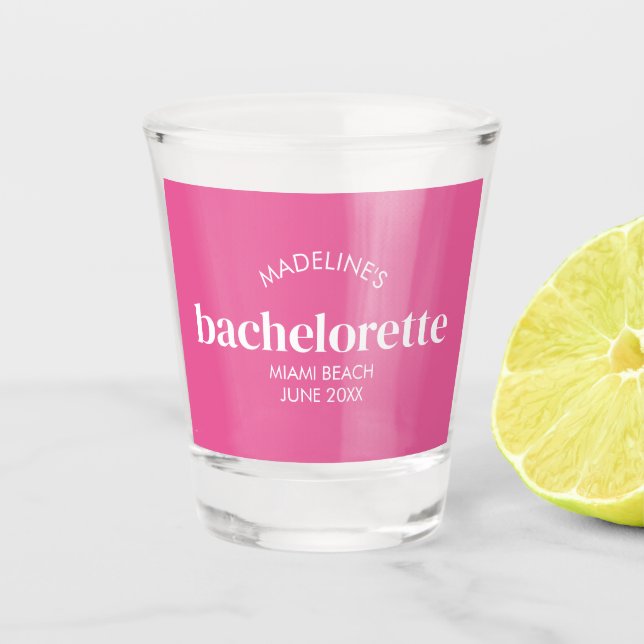 Retro Modern Bright Pink Girly Bachelorette  Shot Glass (Front)
