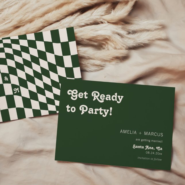 Retro Modern Chic Dark Green Chequered Save the Da Invitation (Creator Uploaded)