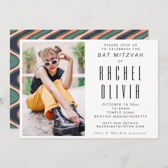 Retro Modern Chic Photo Wavy Lines Bat Mitzvah  Invitation (Front/Back)