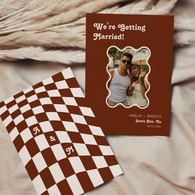 Retro Modern Chic Terracotta Chequered Save the Da Invitation (Creator Uploaded)