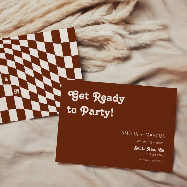 Retro Modern Chic Terracotta Chequered Save the Da Invitation (Creator Uploaded)