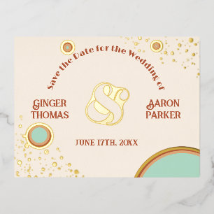 Retro Modern Circle 70s Aqua Wedding Save the Date Foil Invitation Postcard
