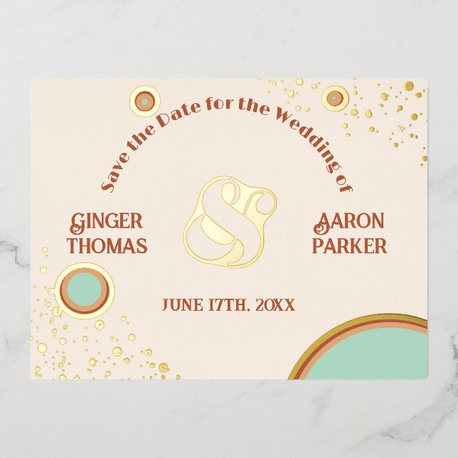 Retro Modern Circle 70s Aqua Wedding Save the Date Foil Invitation Postcard (Front)