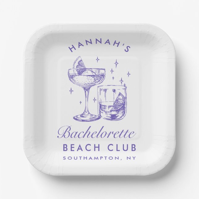 Retro Modern Cocktail Bachelorette Purple Paper Plate (Front)
