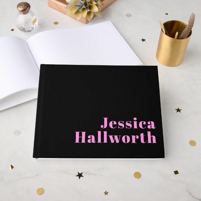 Retro-modern Editable Text | Black & Pink Guest Book (Front Open)