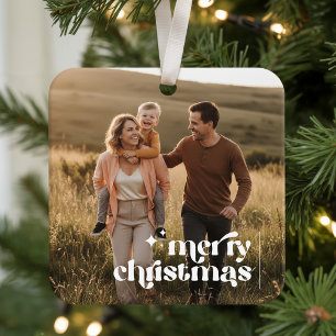 Retro Modern Family Photo Merry Christmas Ceramic Ornament