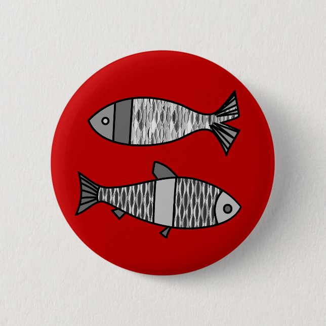 Retro Modern Fish, Deep Red and Grey / Grey 6 Cm Round Badge (Front)