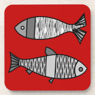 Retro Modern Fish, Deep Red and Grey / Grey Coaster