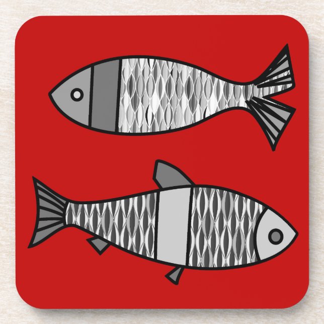 Retro Modern Fish, Deep Red and Grey / Grey Coaster (Front)