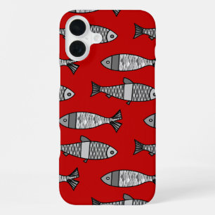 Retro Modern Fish, Deep Red and Grey / Grey iPhone 16 Plus Case