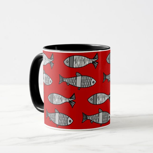 Retro Modern Fish, Deep Red and Grey / Grey Mug (Front Left)