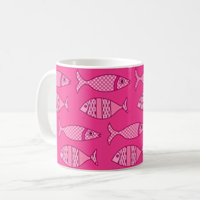Retro Modern Fish, Fuchsia and Light Pink Coffee Mug (Front Left)