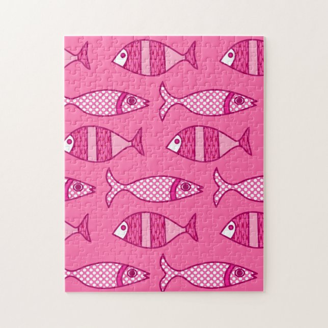 Retro Modern Fish, Fuchsia and Light Pink Jigsaw Puzzle (Vertical)