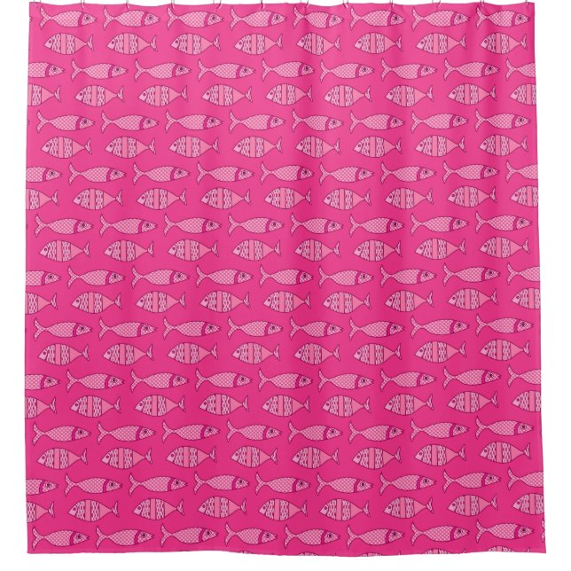 Retro Modern Fish, Fuchsia and Light Pink Shower Curtain (Front)