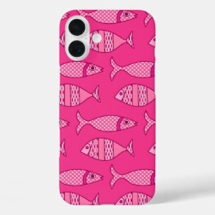 Retro Modern Fish, Fuchsia, Light Pink, Deep Pink iPhone 16 Plus Case