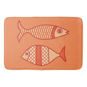 Retro Modern Fish, Light Coral Orange & Tangerine Bath Mat