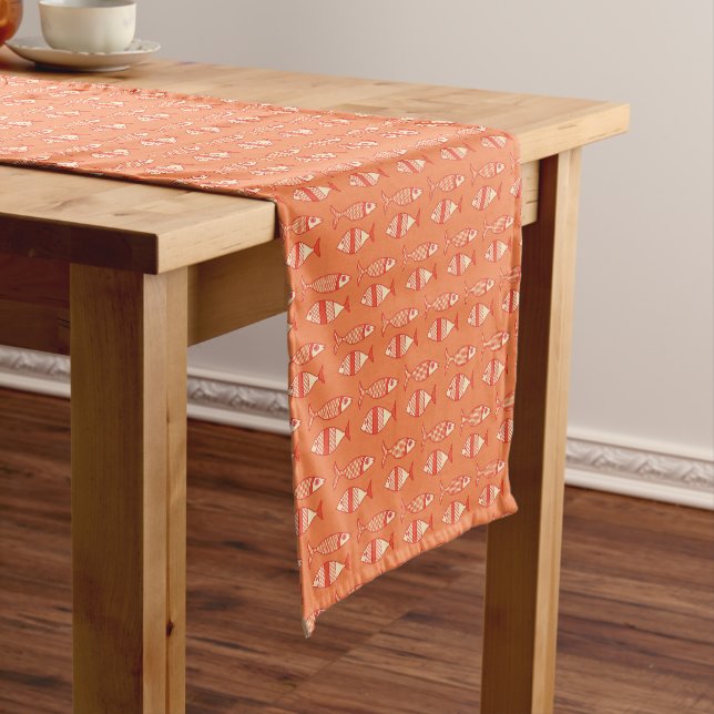 Retro Modern Fish, Light Coral Orange & Tangerine  Short Table Runner (In Situ)