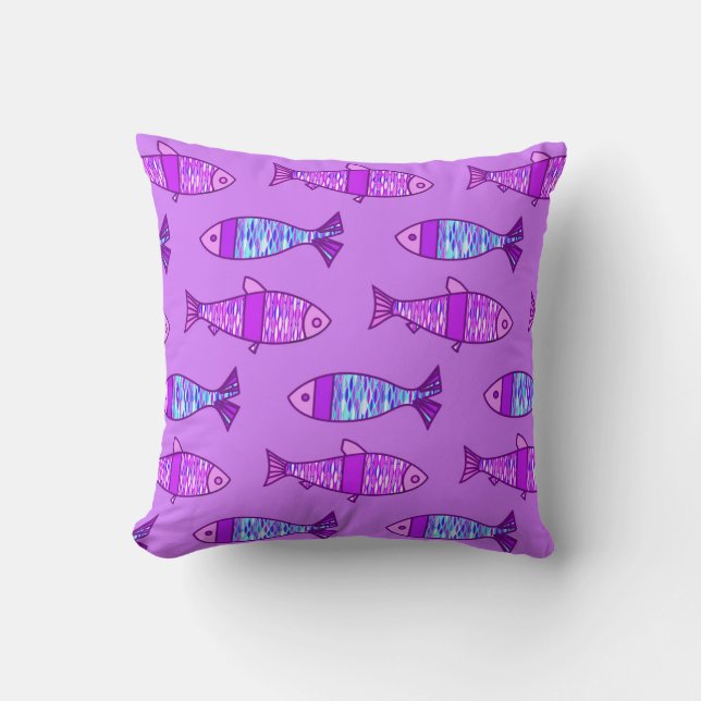 Retro Modern Fish Print, Amethyst Purple Cushion (Front)