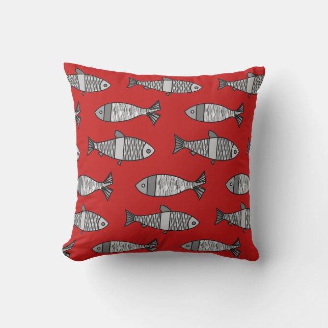 Retro Modern Fish Print, Red and Grey / Grey Outdoor Cushion (Front)