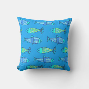 Retro Modern Fish Print, Turquoise and Blue Cushion