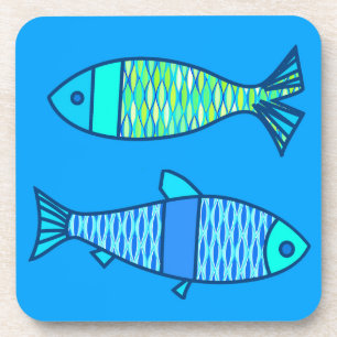 Retro Modern Fish, Turquoise and Cerulean Blue Coaster