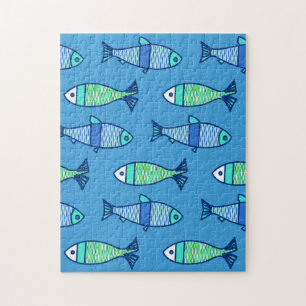 Retro Modern Fish, Turquoise and Cerulean Blue Jigsaw Puzzle