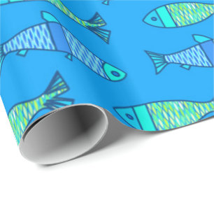 Retro Modern Fish, Turquoise and Cerulean Blue Wrapping Paper