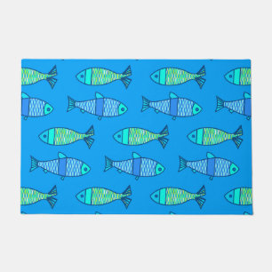 Retro Modern Fish, Turquoise & Cerulean Blue Doormat