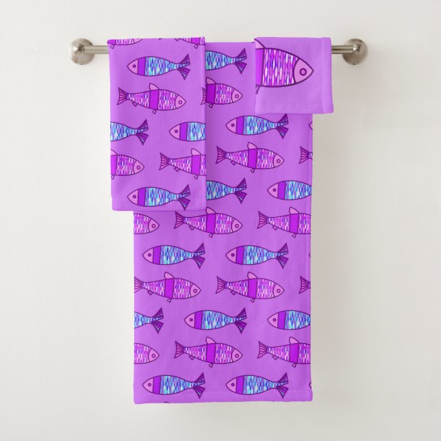 Retro Modern Fish, Violet, & Amethyst Purple  Bath Towel Set (Insitu)