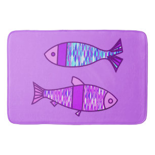 Retro Modern Fish, Violet, and Amethyst Purple Bath Mat