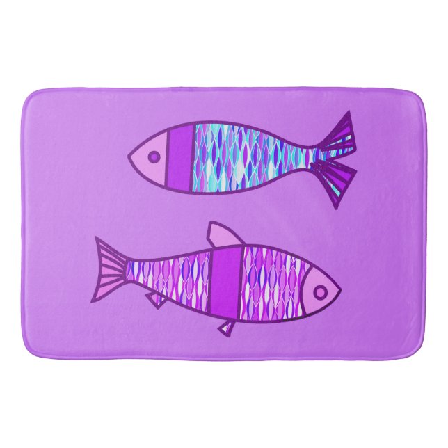 Retro Modern Fish, Violet, and Amethyst Purple Bath Mat (Front)