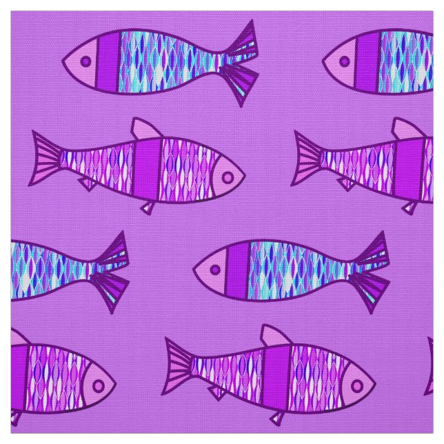 Retro Modern Fish, Violet, and Amethyst Purple Fabric (Swatch)