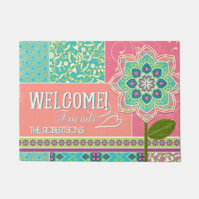Retro Modern Floral Daisy Barbiecore Welcome  Doormat (Front)