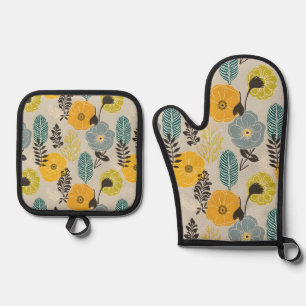 Retro Modern Floral on Grey Oven Mitt & Pot Holder Set