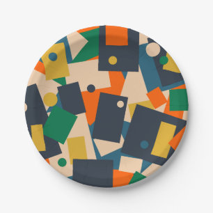 Retro Modern Geometric Dot Patchwork Abstract Paper Plate