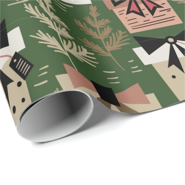Retro Modern Green Pink Christmas Present Pattern Wrapping Paper (Roll Corner)