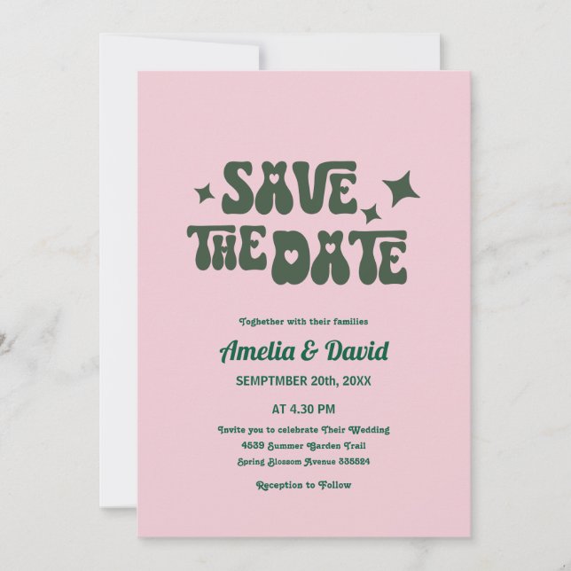 retro modern groovy pink,green wedding invitation (Front)