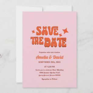 retro modern groovy pink,orange wedding invitation