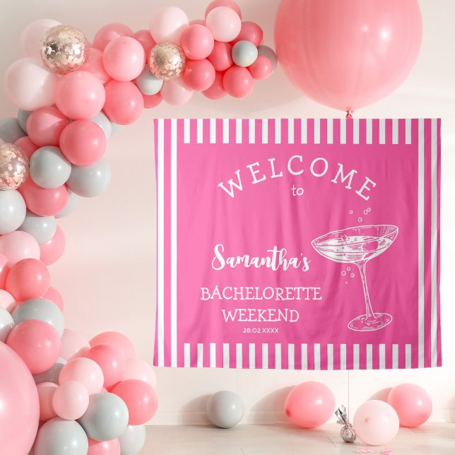 Retro Modern hot pink Bachelorette Party Backdrop Tapestry (Bright Coastal Modern Bachelorette Party Backdrop Tapestry in hot pink and white stripes )