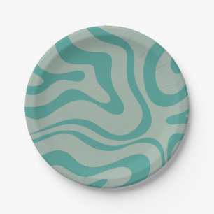 Retro Modern Liquid Swirl Abstract Pattern Teal Paper Plate