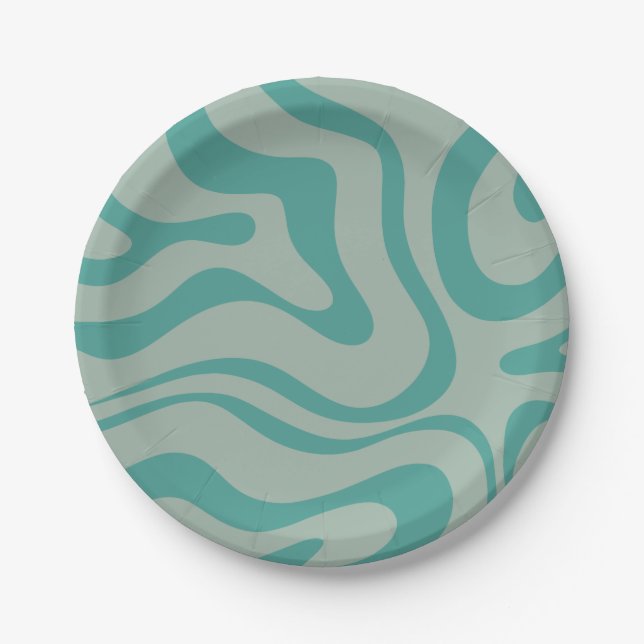 Retro Modern Liquid Swirl Abstract Pattern Teal Paper Plate (Front)