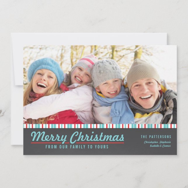 Retro Modern Merry Christmas Red Teal Photo Card (Front)
