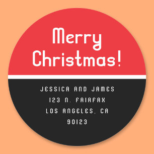 Retro-Modern Merry Christmas Return Address Red Classic Round Sticker