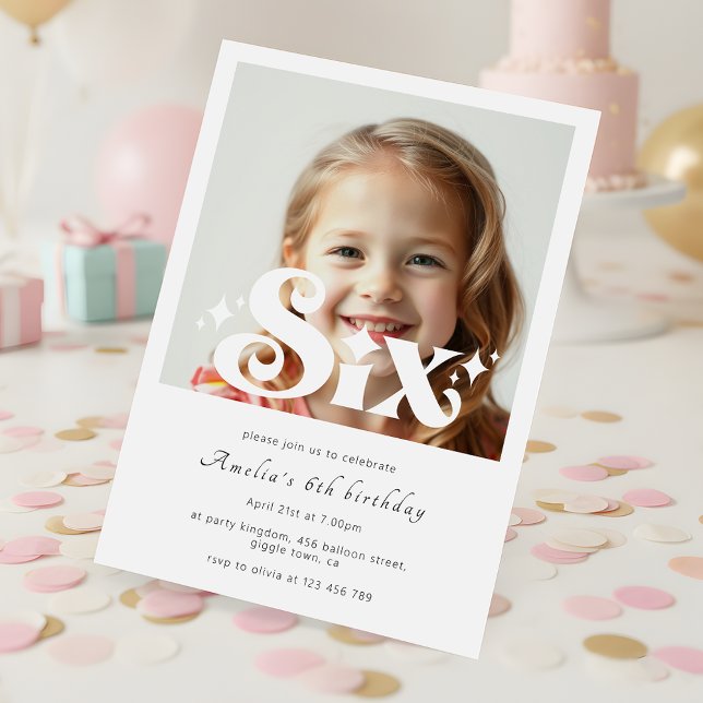 Retro Modern Minimalist 6th Birthday Photo Invitation (Creator Uploaded)
