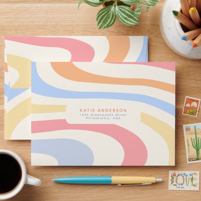 Retro Modern Minimalist Pastel Summer Wedding Envelope (Desk)