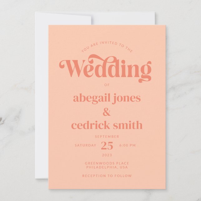 Retro Modern Minimalist Peach and Blue Wedding Invitation (Front)