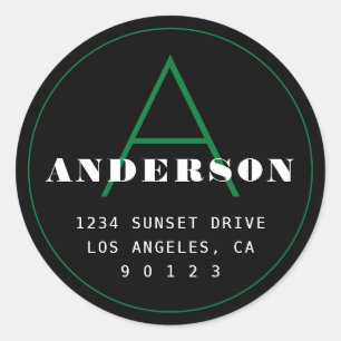 Retro-Modern Monogram Address Black Green White Classic Round Sticker