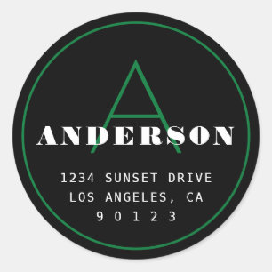 Retro-Modern Monogram Address Black Green White Classic Round Sticker