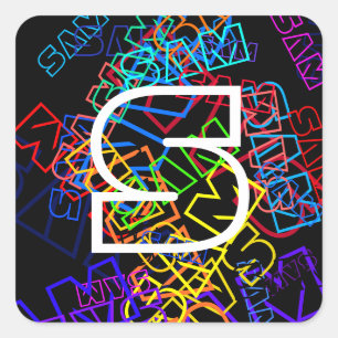Retro-Modern Name & Monogram Bright Colours & Blac Square Sticker