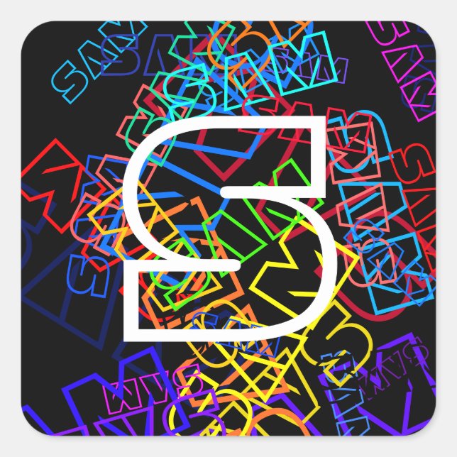 Retro-Modern Name & Monogram Bright Colours & Blac Square Sticker (Front)